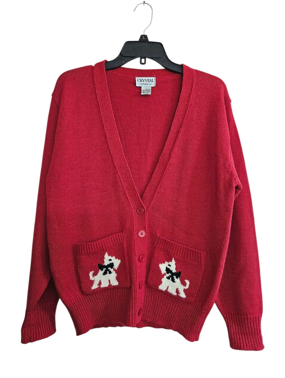 Vintage Crystal Sportswear V-Neck Knit Cardigan Sweater With Scottish Terriers